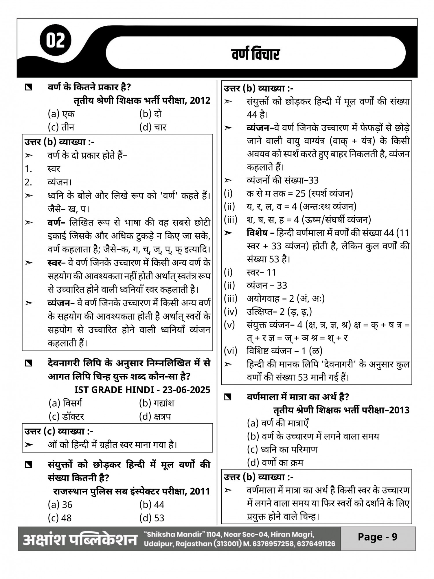 Akshansh Publication PYQ Series Hindi Vyakaran (Hindi Grammar) Useful For RAS, First Grade, Second Grade, Third Grade, REET, Sub Inspector, Raj Police Constable, Jail Guard, CET, STC, PTET, Patwar Gram Sevak, NDC, Junior Accountant