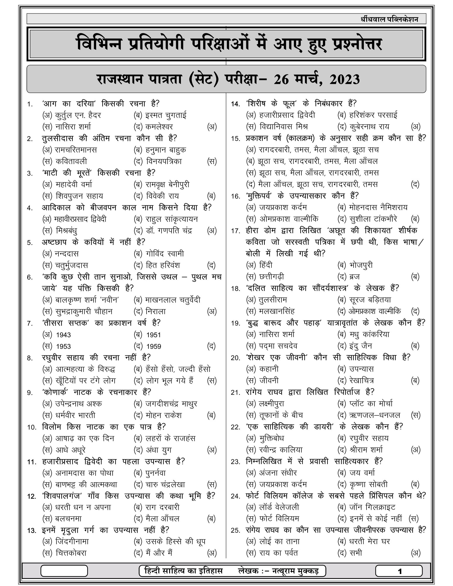 Dhindhwal Hindi Sahitya Ka Itihas - Natthuram Mukkad Latest Edition-2025