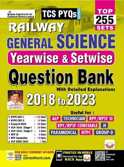 Kiran Publication Railway General Science Yearwise and Setwise Question Bank 2018 To 2023 Solved Papers Top 255 Sets TCS PYQs (Kiran Medium)