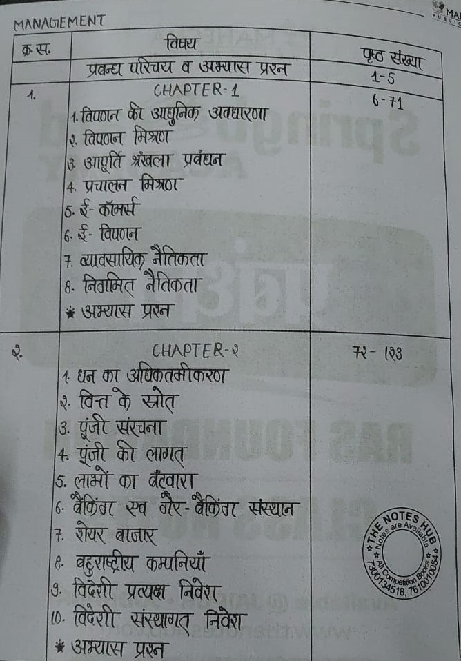 Springboard RAS Mains Prabandhan / Management Handwritten Notes In Hindi Medium