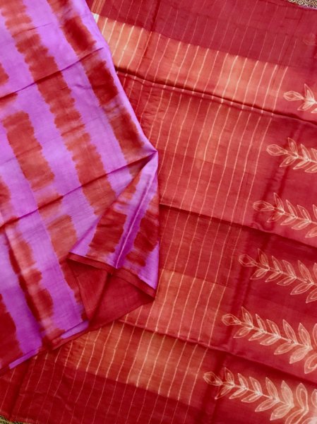 Pink & Vermilion red Shibori Tussar Silk  Saree