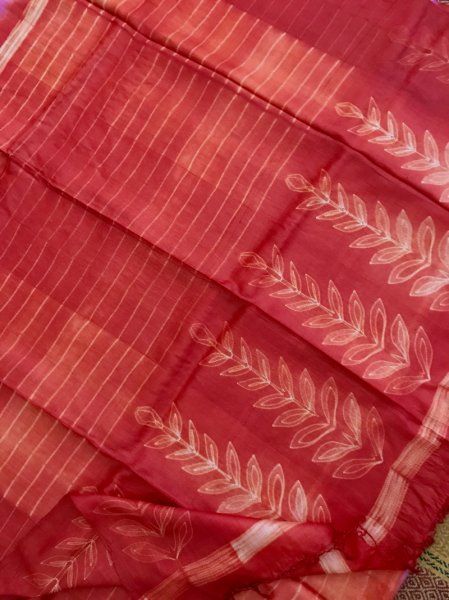 Pink & Vermilion red Shibori Tussar Silk  Saree