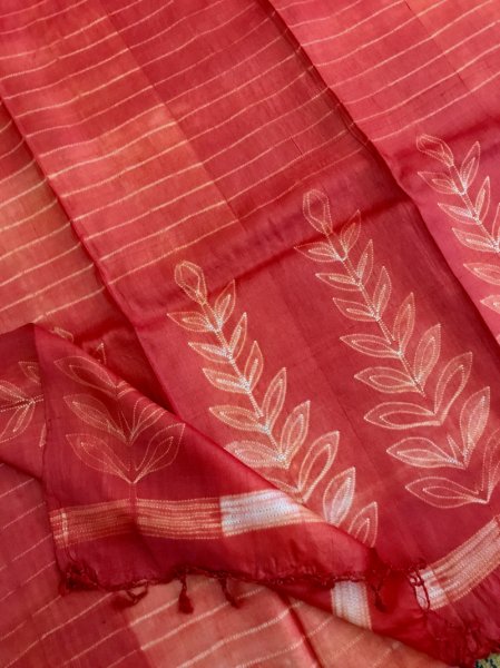 Pink & Vermilion red Shibori Tussar Silk  Saree