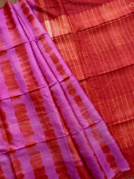Pink & Vermilion red Shibori Tussar Silk  Saree