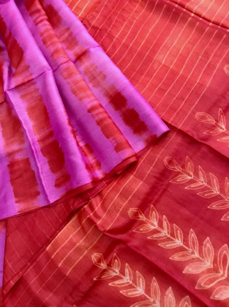 Pink & Vermilion red Shibori Tussar Silk  Saree