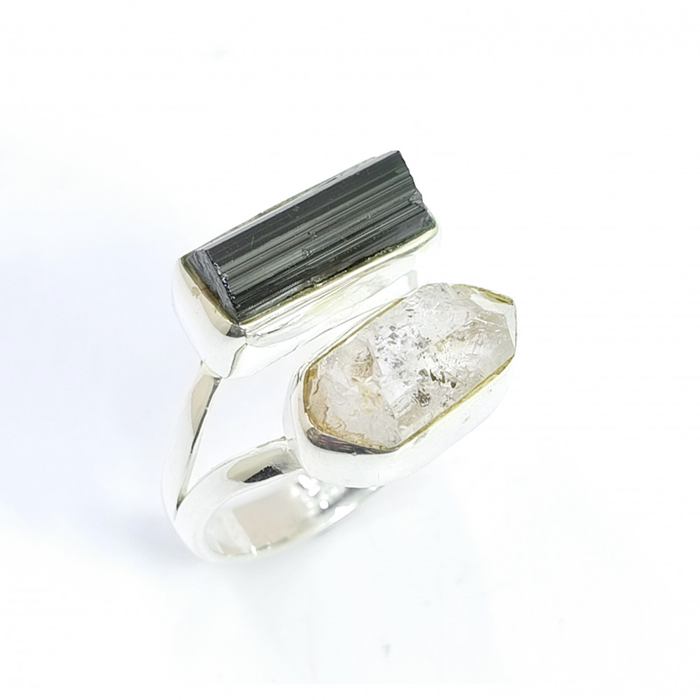 Image of Raw Gemstone Black Tourmaline Herkimer Diamond 925 Sterling Silver Ring Size US 6
