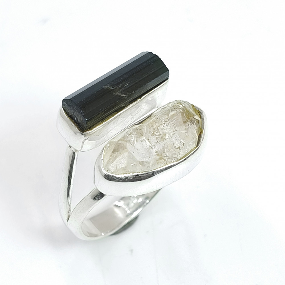 Image of Raw Gemstone Black Tourmaline Herkimer Diamond 925 Sterling Silver Ring Size US 5.5