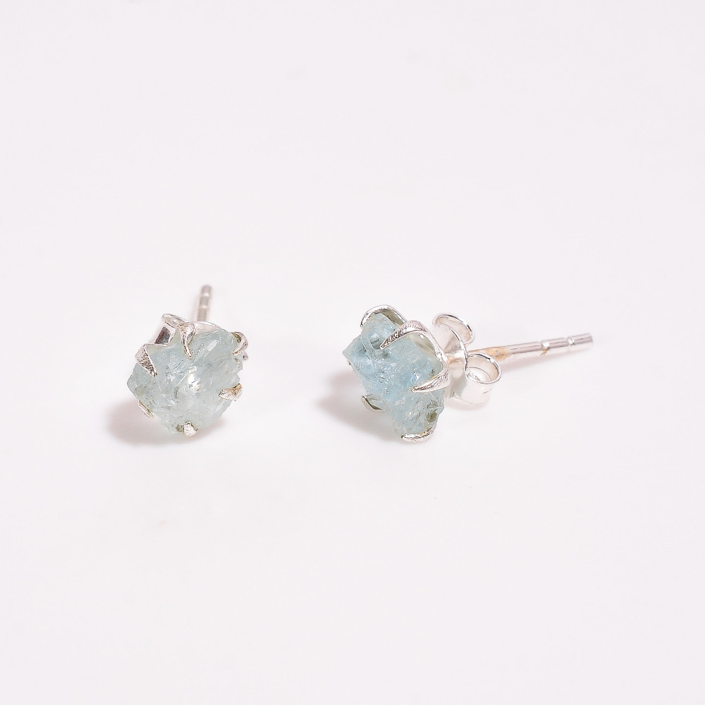 Image of Raw Aquamarine Gemstone 925 Sterling Silver Stud Earrings