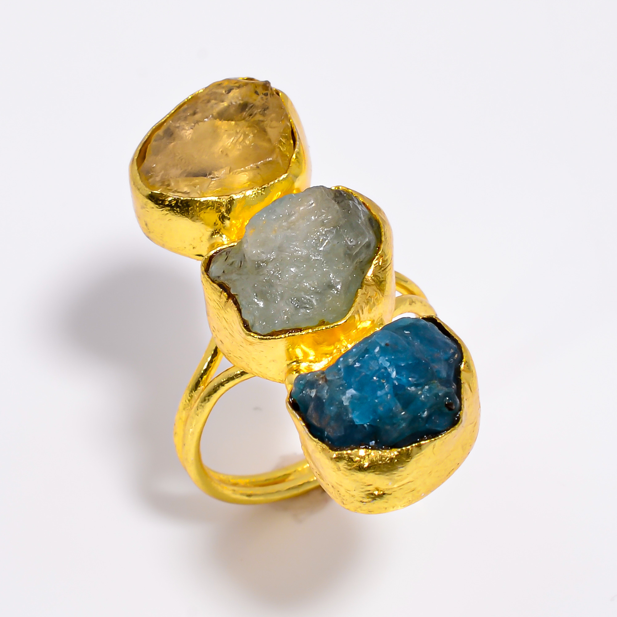 Natural Raw Neon Apatite Gemstone 18K Gold Plated Ring Size US 8 Handmade Fashion Ring