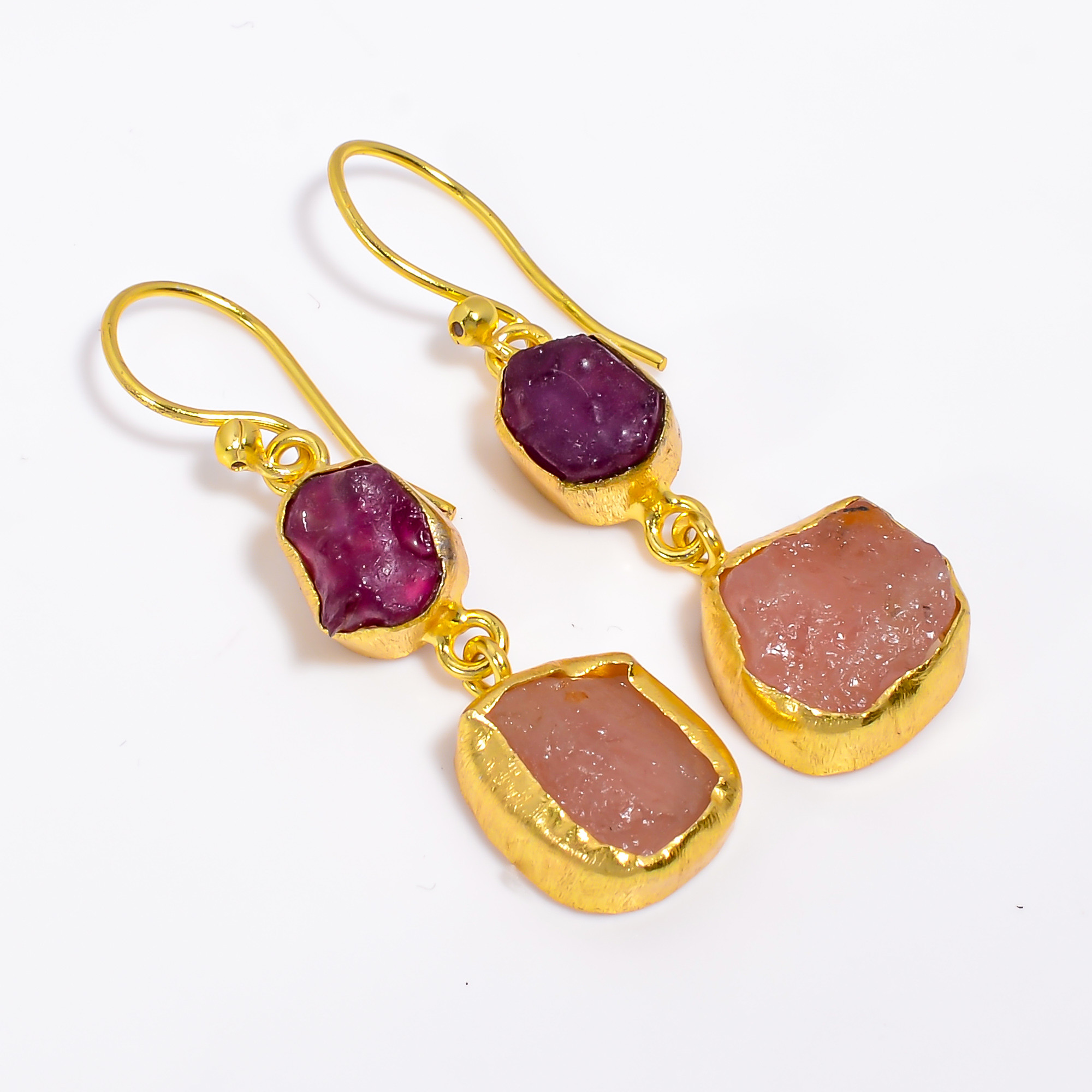 18K Gold Plated Earrings Natural Rough Ruby Rose Quartz Gemstone Earrings