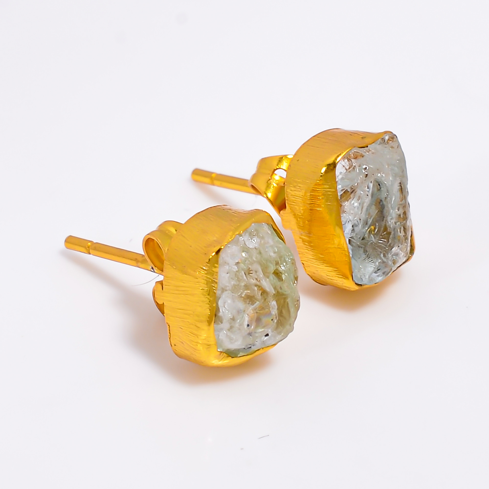 18K Gold Plated Earrings Natural Rough Aquamarine Gemstone Stud Earrings
