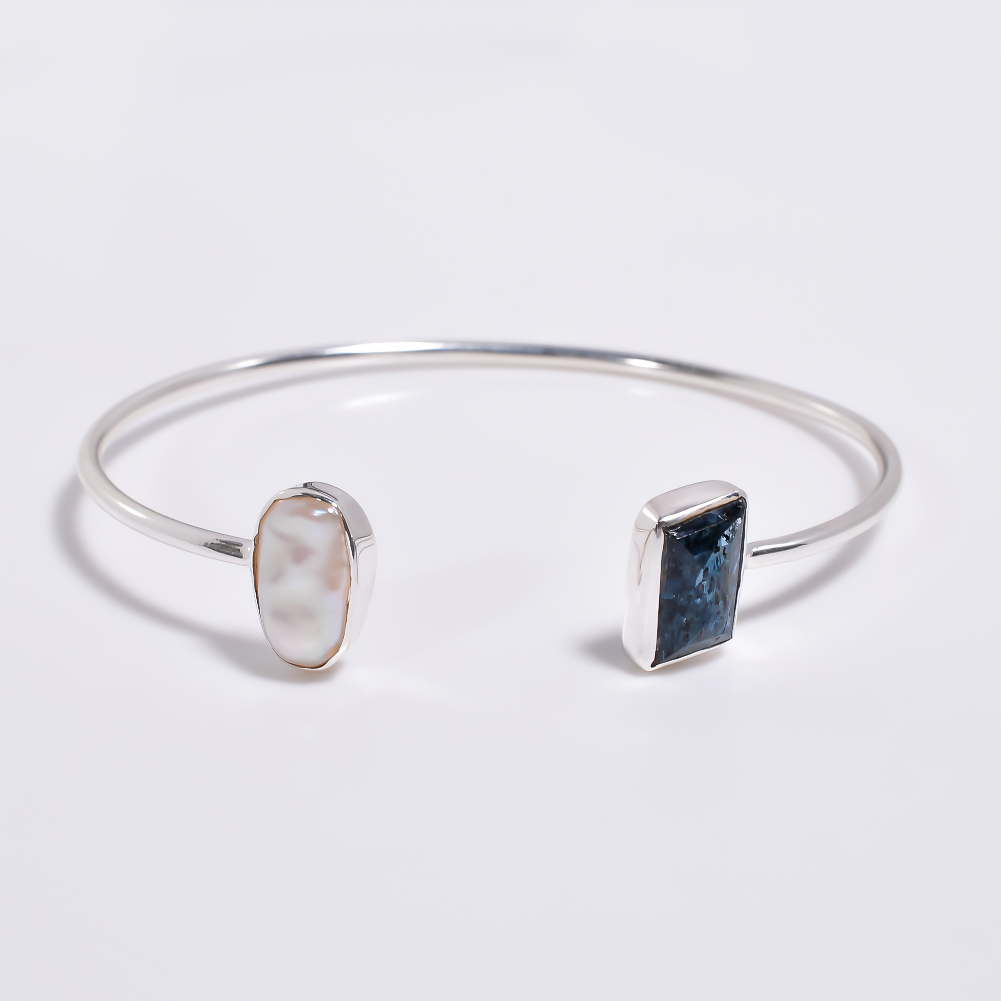 Baroque Pearl Moss Kyanite Gemstone 925 Sterling Silver Adjustable Bangle