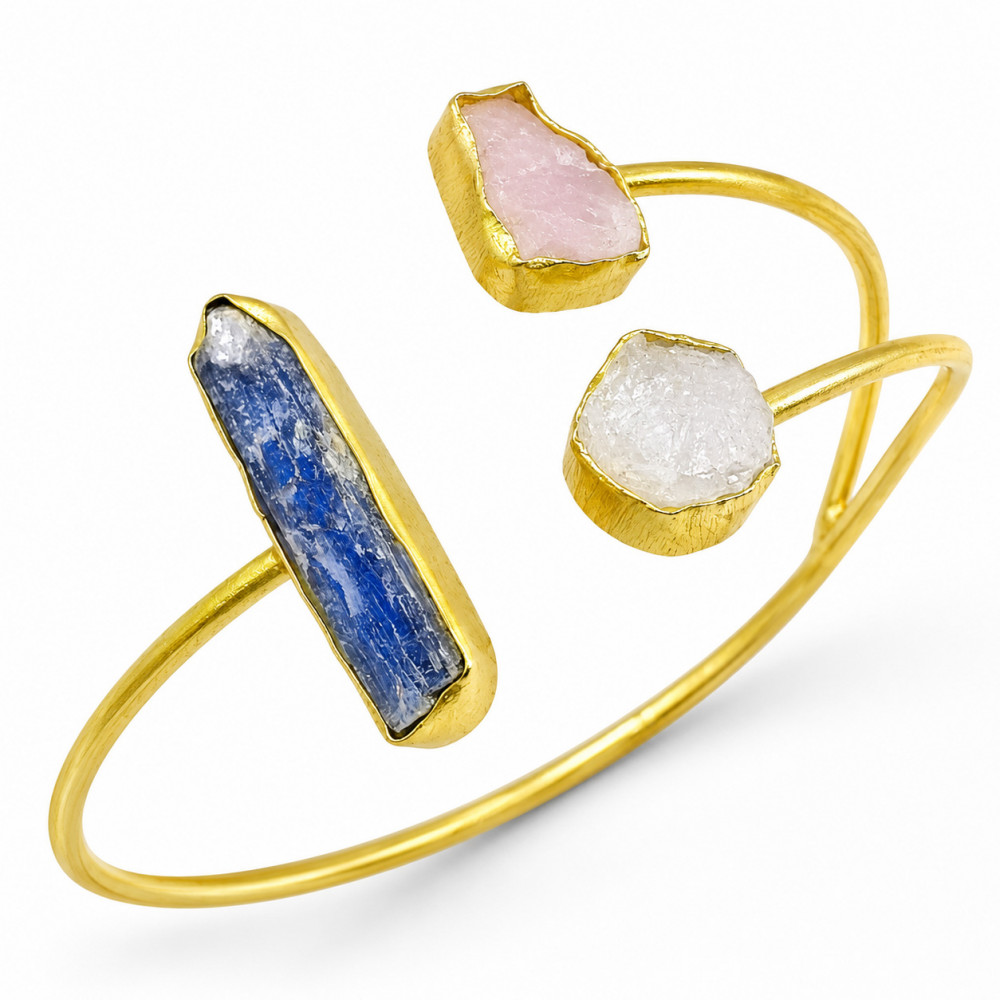 Image of Handmade Brass 18k Gold Plated Bangle Adjustable Blue Kyanite Raw Gemstone