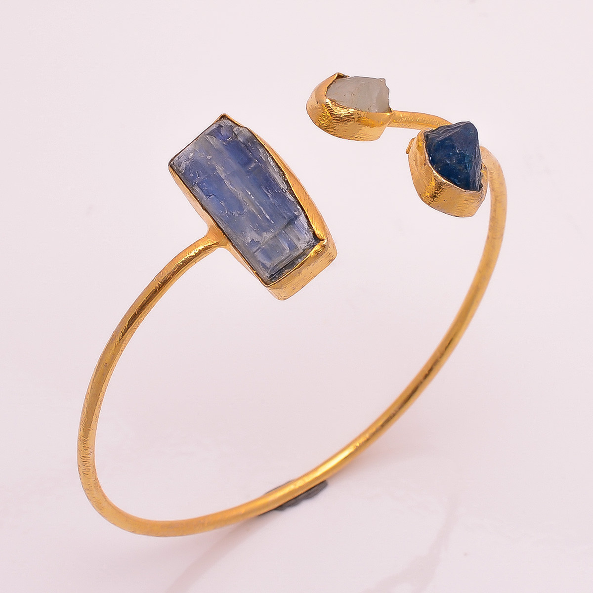 Handmade Brass 18k Gold Plated Bangle Adjustable Neon Apatite Rose Rose Quartz Raw Gemstone