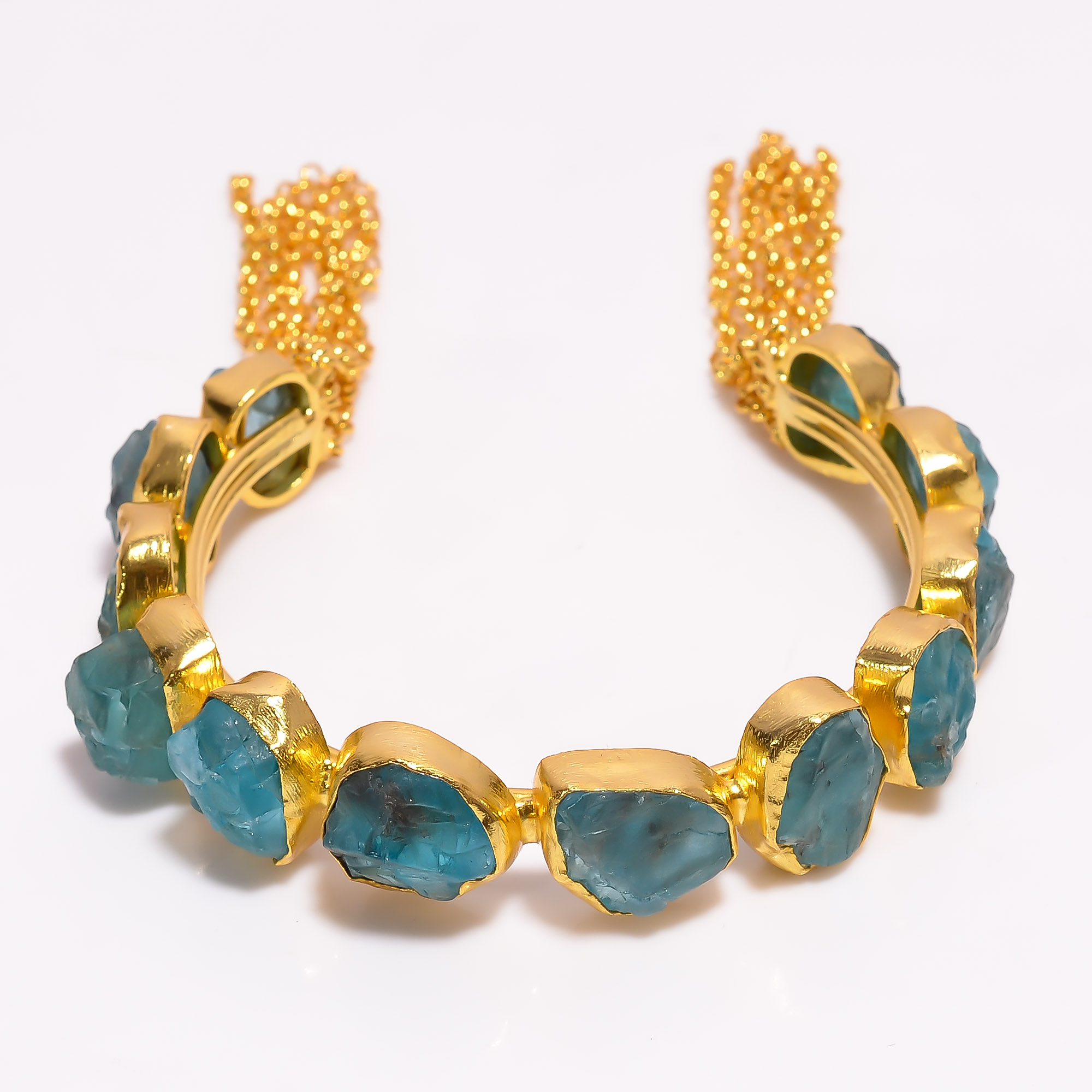Sky Apatite Natural Raw Gemstone 18k Gold Plated Brass Cuff Bangle