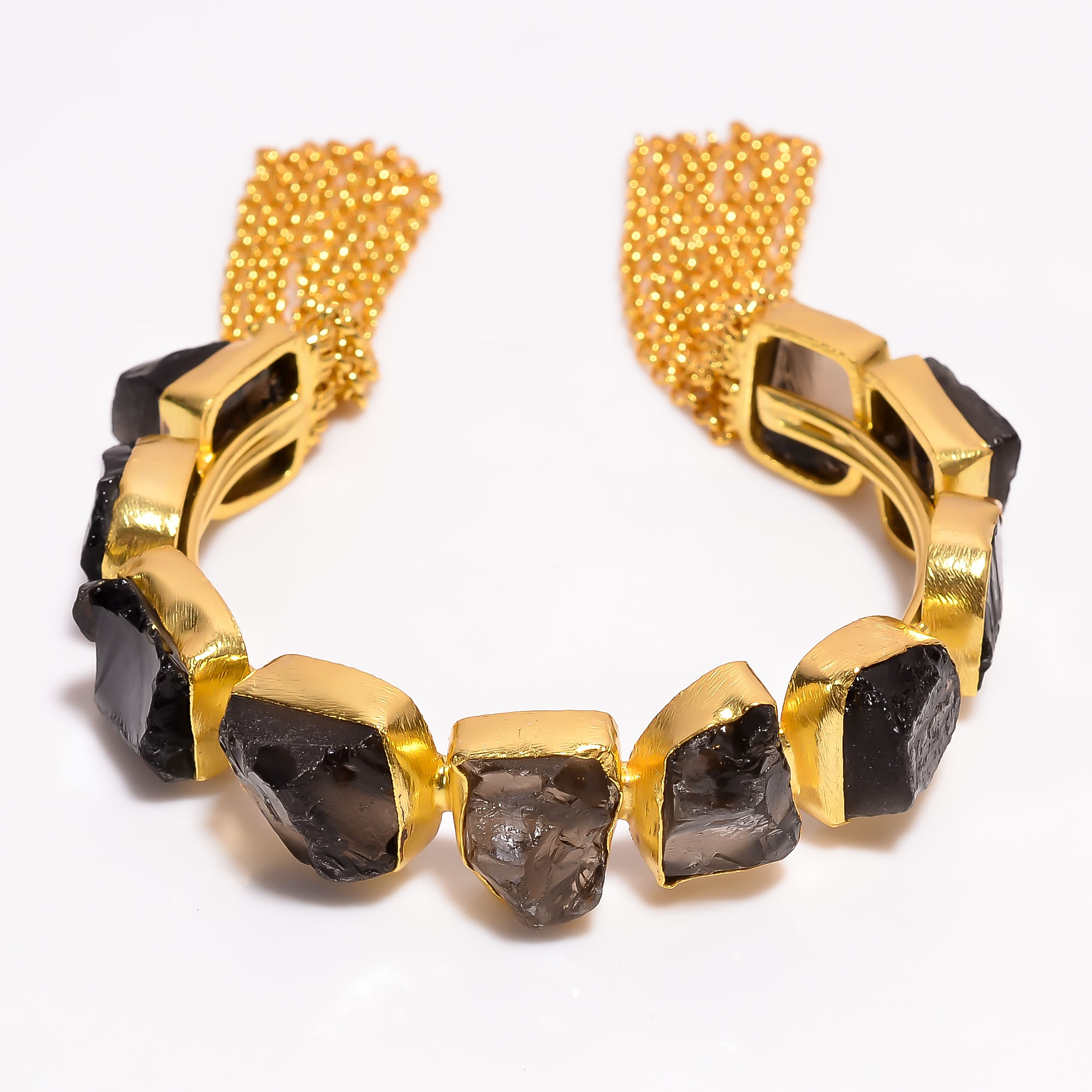 Smoky Natural Raw Gemstone 18k Gold Plated Brass Cuff Bangle