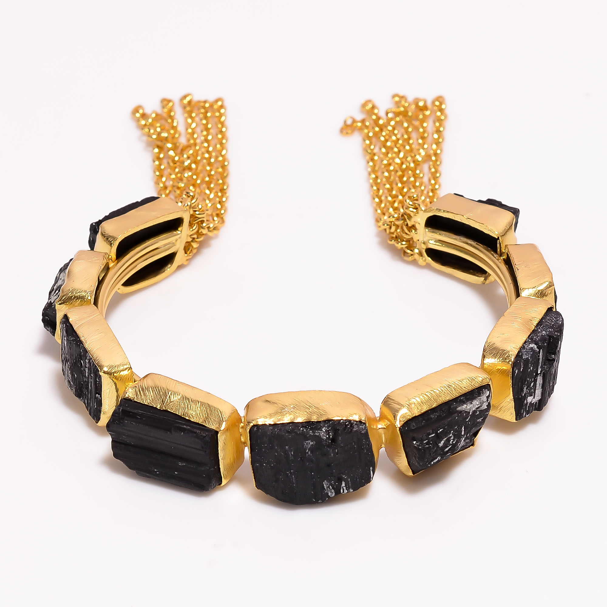 Black Tourmaline Natural Raw Gemstone 18k Gold Plated Brass Cuff Bangle