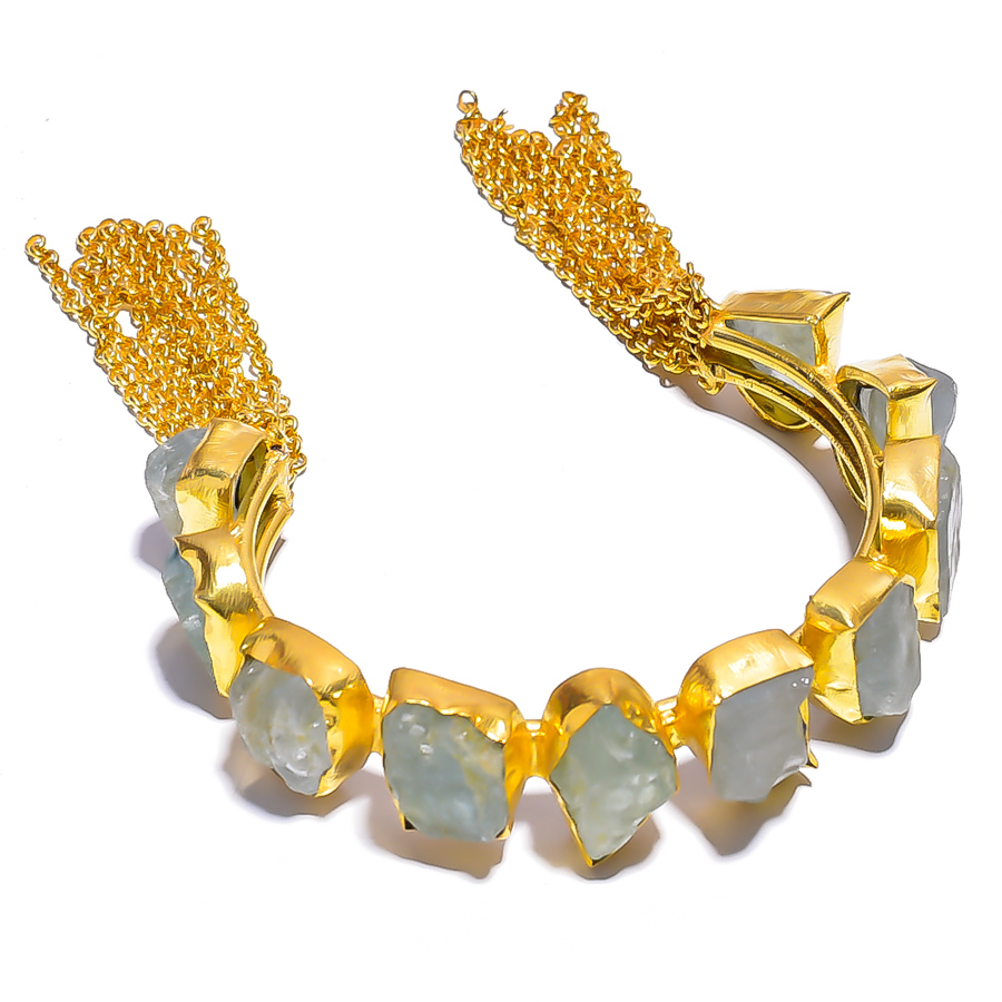 Aquamarine Natural Raw Gemstone 18k Gold Plated Brass Cuff Bangle