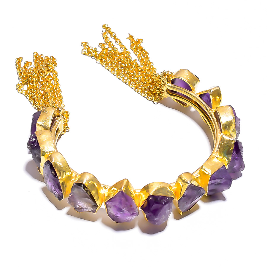 Amethyst Natural Raw Gemstone 18k Gold Plated Brass Cuff Bangle
