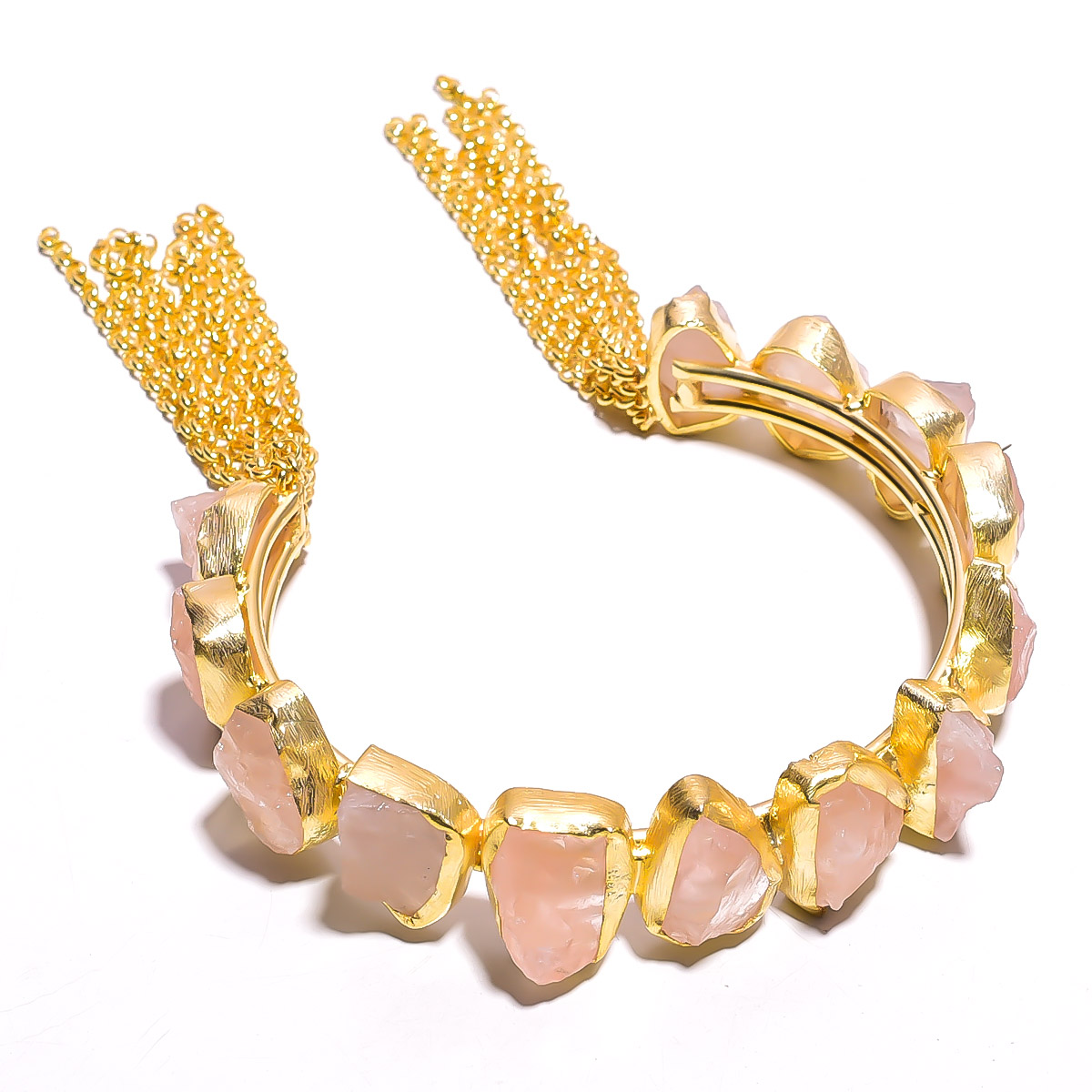 Rose Quartz Natural Raw Gemstone 18k Gold Plated Brass Cuff Bangle