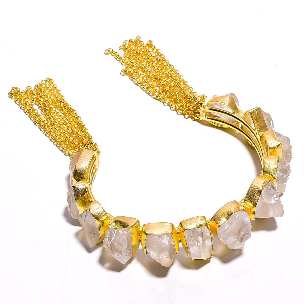 Crystal Natural Raw Gemstone 18k Gold Plated Brass Cuff Bangle