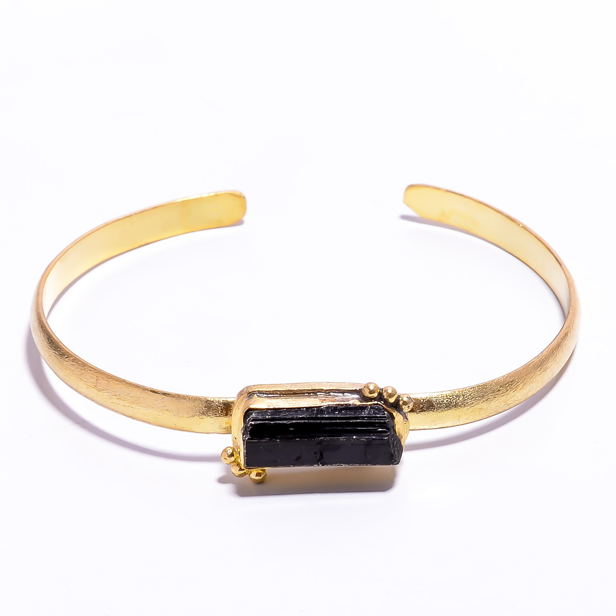 18k Gold Plated Brass Bangle Black Tourmaline Natural Raw Gemstone Bangle Adjustable