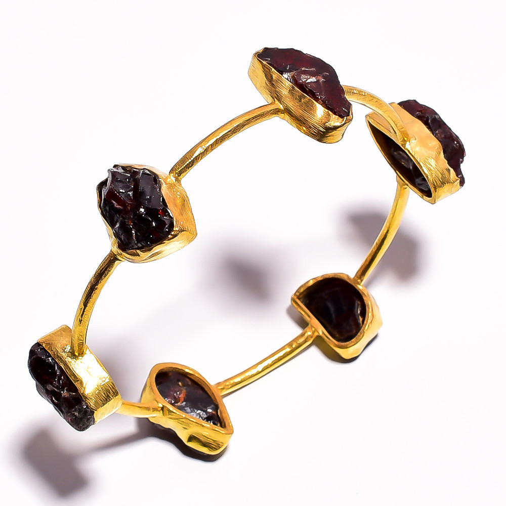 18k Gold Plated Brass Bangle Garnet Natural Raw Gemstone