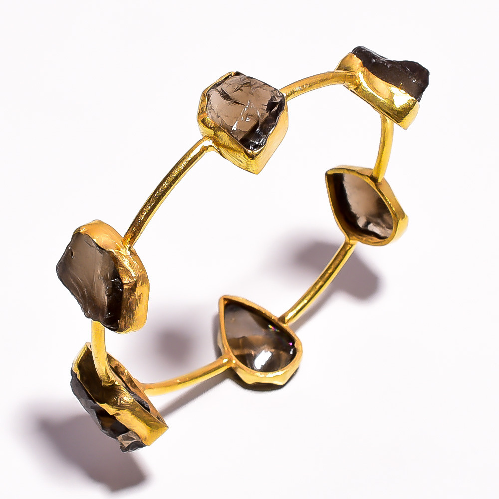 18k Gold Plated Brass Bangle Smoky Natural Raw Gemstone