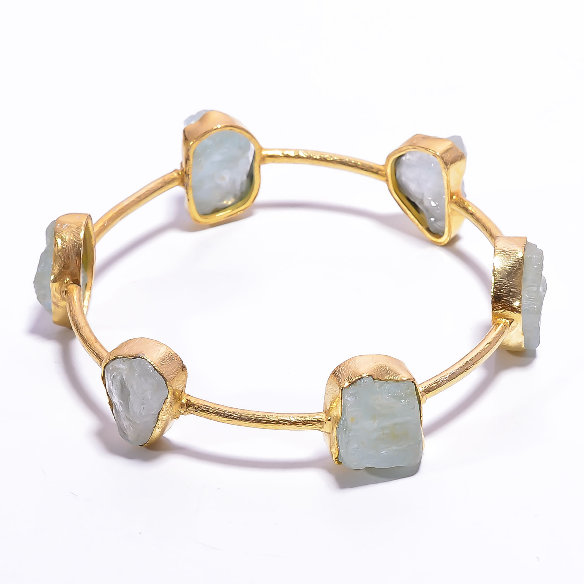 18k Gold Plated Brass Bangle Aquamarine Natural Raw Gemstone