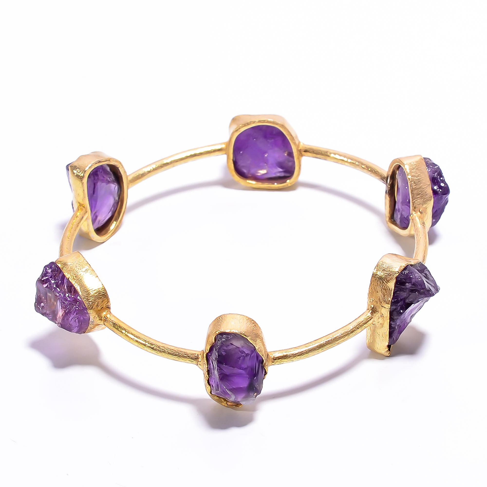 18k Gold Plated Brass Bangle Amethyst Natural Raw Gemstone