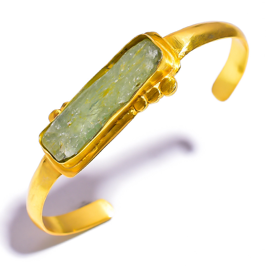 18k Gold Plated Brass Bangle Green Kyanite Natural Raw Gemstone Bangle Adjustable