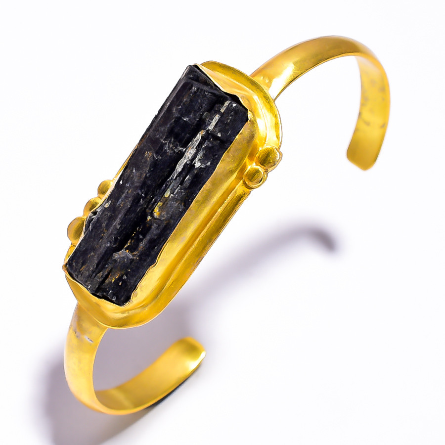 18k Gold Plated Brass Bangle Black Tourmaline Natural Raw Gemstone Bangle Adjustable
