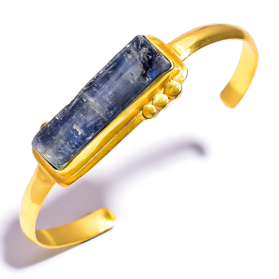18k Gold Plated Brass Bangle Blue Kyanite Natural Raw Gemstone Bangle Adjustable