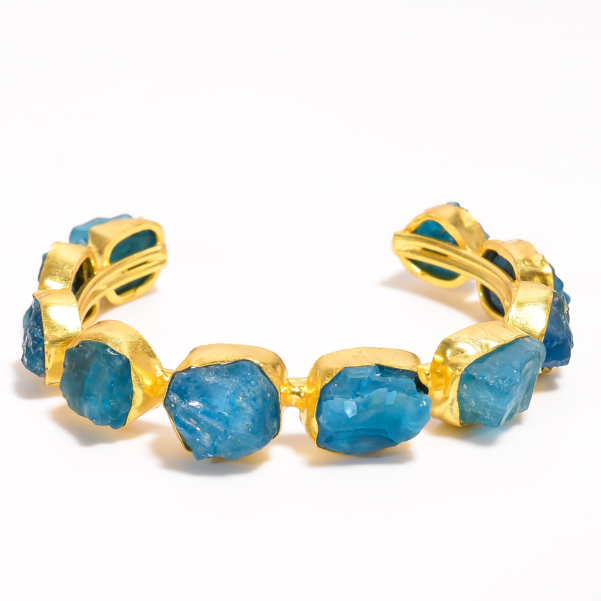18k Gold Plated Brass Bangle Sky Apatite Natural Raw Gemstone Bangle Adjustable
