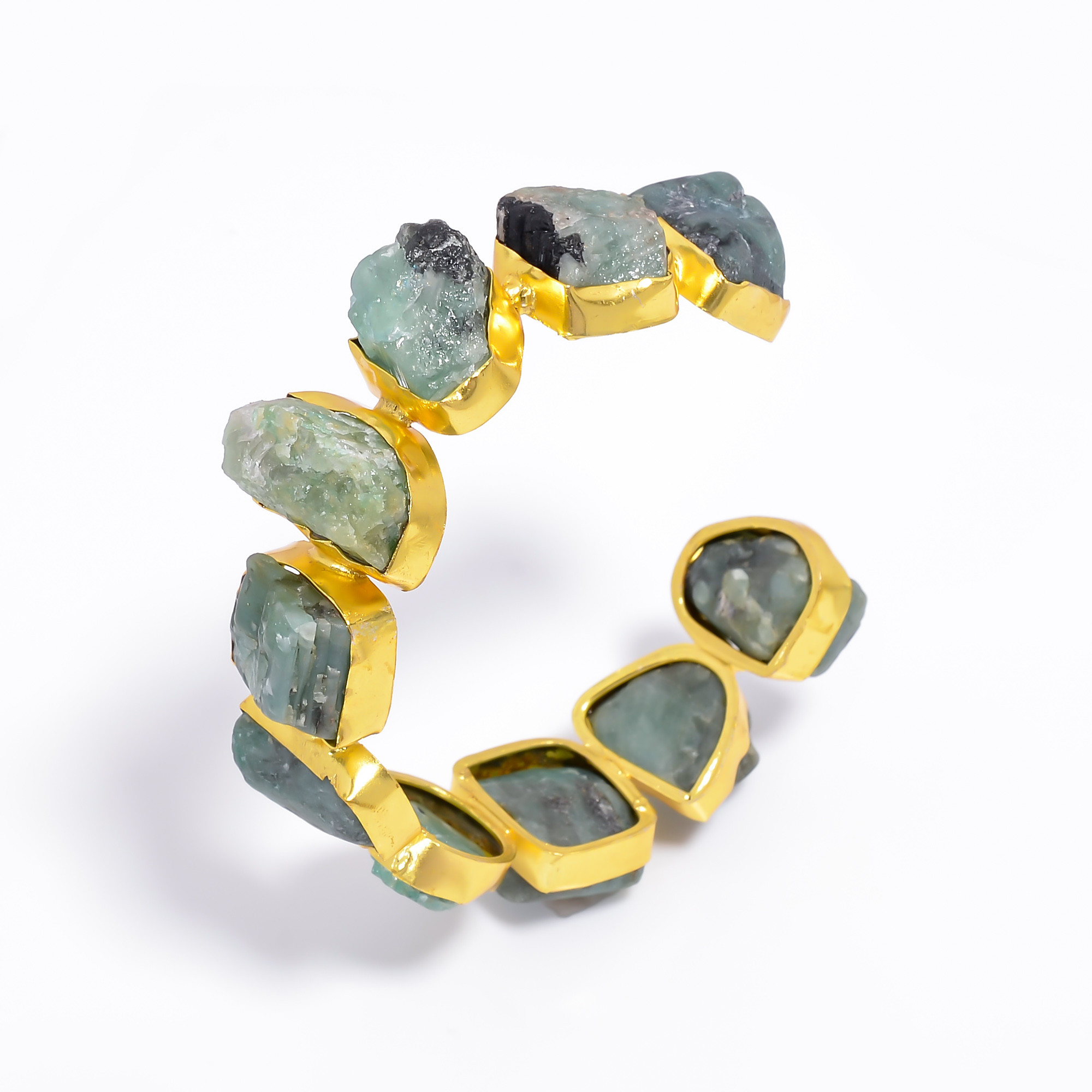 Emerald Raw Gemstone 18k Gold Plated Cuff Bangle Adjustable