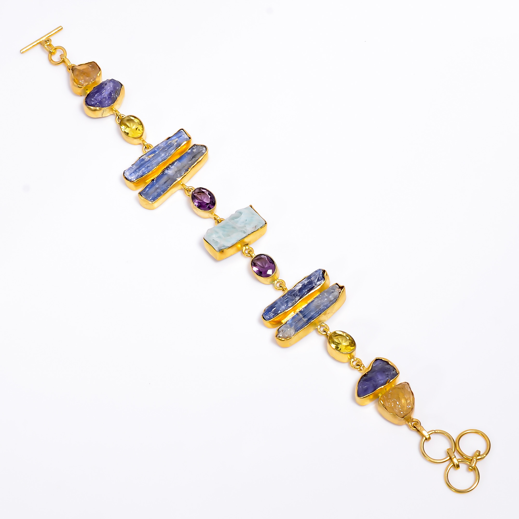 Natural Raw Gemstone Blue Kyanite Amazonite 18K Gold Plated Bracelet Handmade