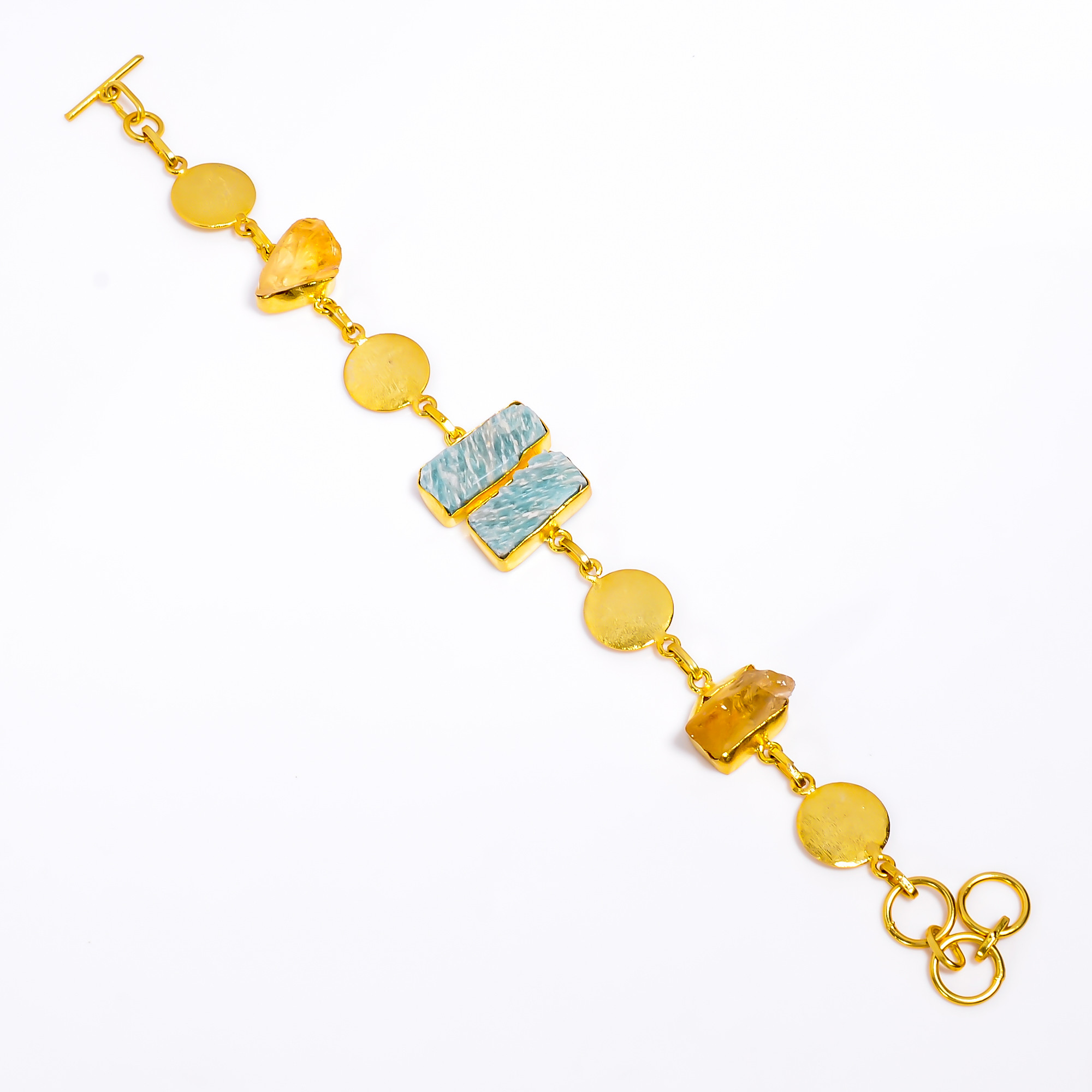 Natural Raw Citrine Amazonite Gemstone 18K Gold Plated Brass Bracelet Handmade