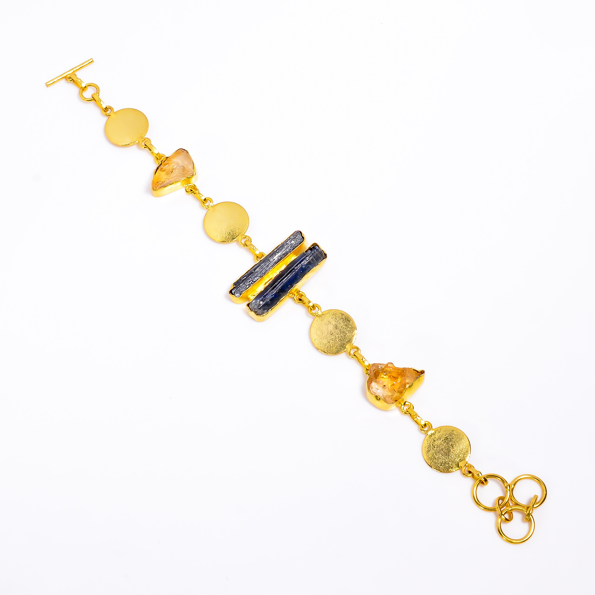 Natural Raw Citrine Blue Kyanite Gemstone 18K Gold Plated Brass Bracelet Handmade