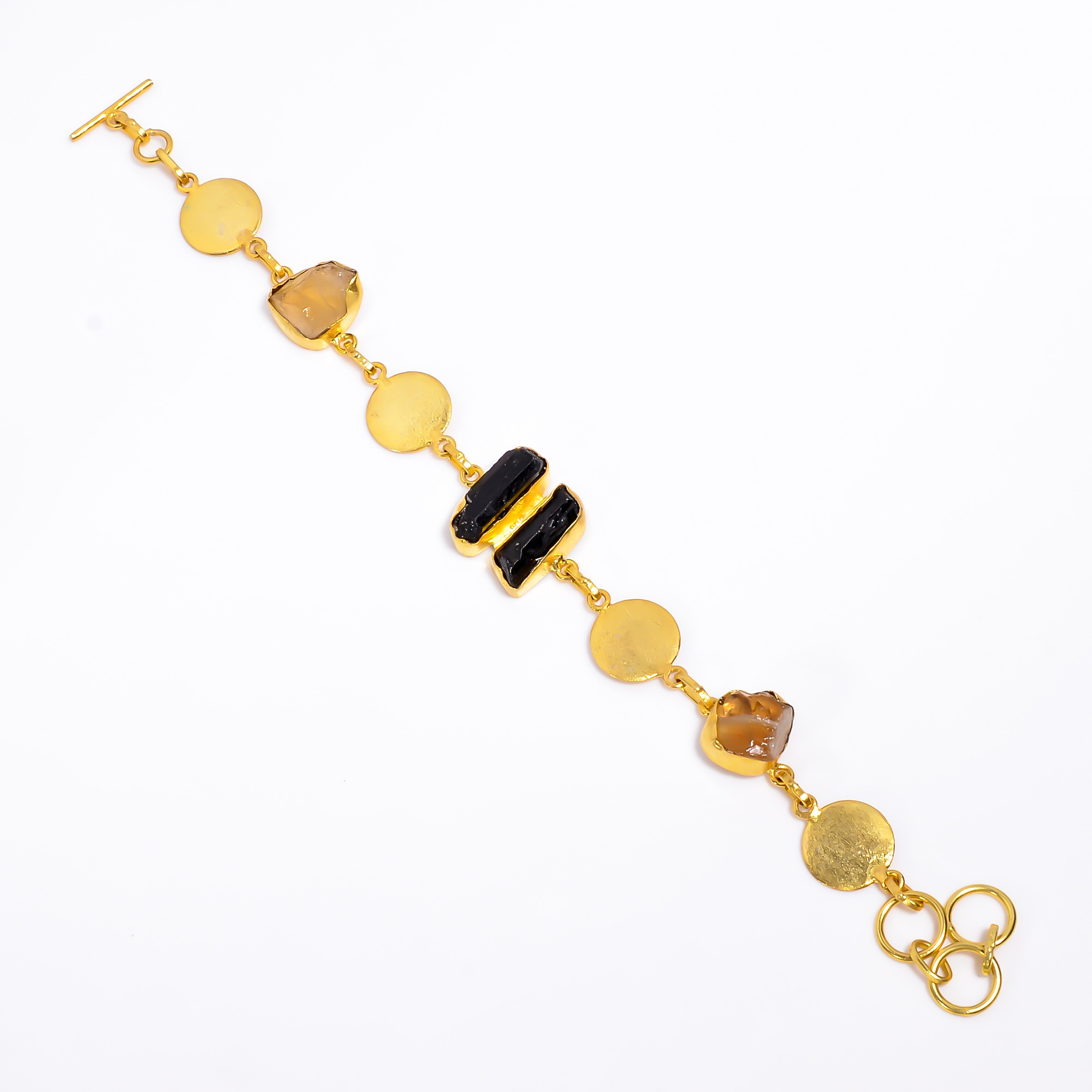 Natural Raw Citrine Black Tourmaline Gemstone 18K Gold Plated Brass Bracelet Handmade