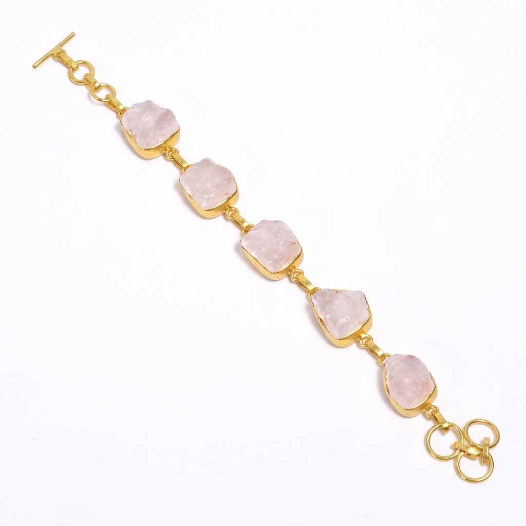 Natural Raw Rose Quartz Gemstone 18K Gold Plated Bracelet Handmade