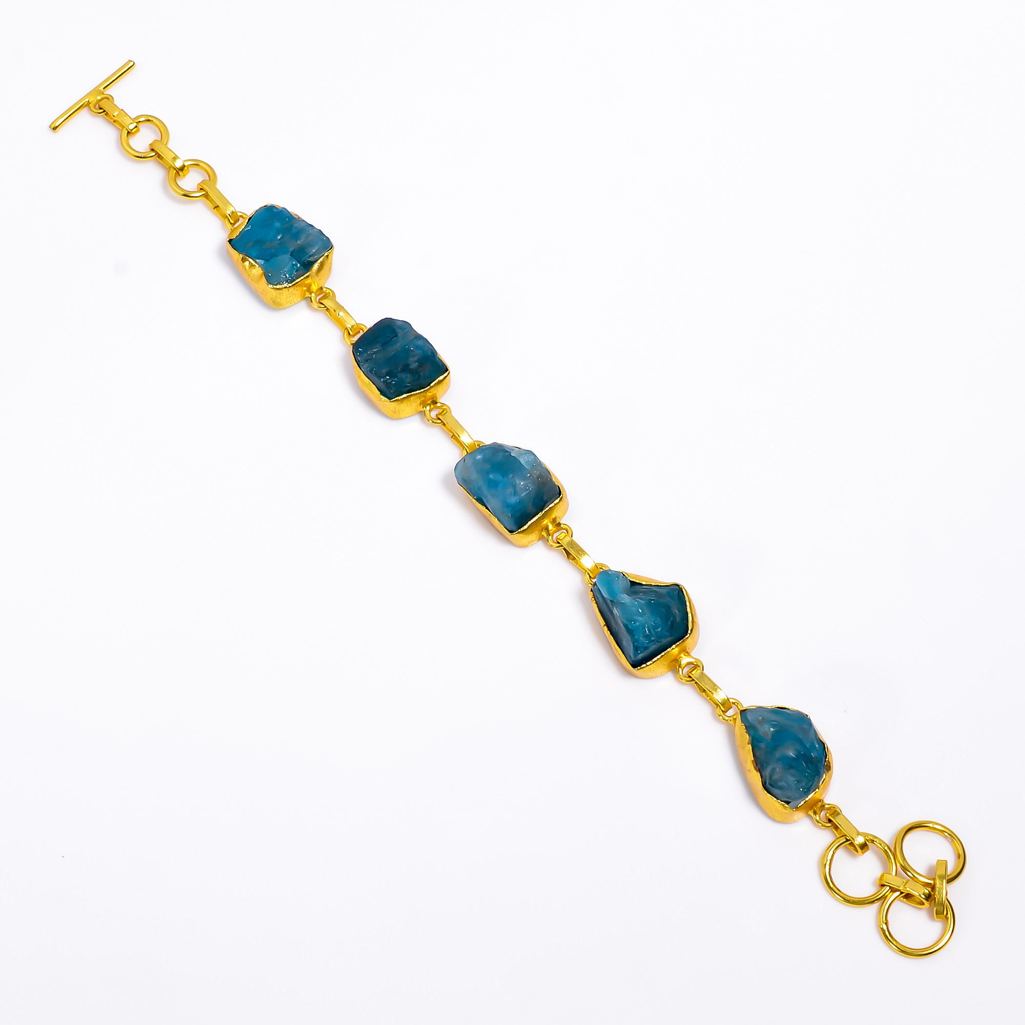 Natural Raw Neon Apatite Gemstone 18K Gold Plated Brass Bracelet Handmade