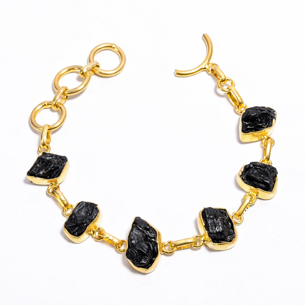 Natural Raw Black Tourmaline Gemstone 18K Gold Plated Bracelet Handmade