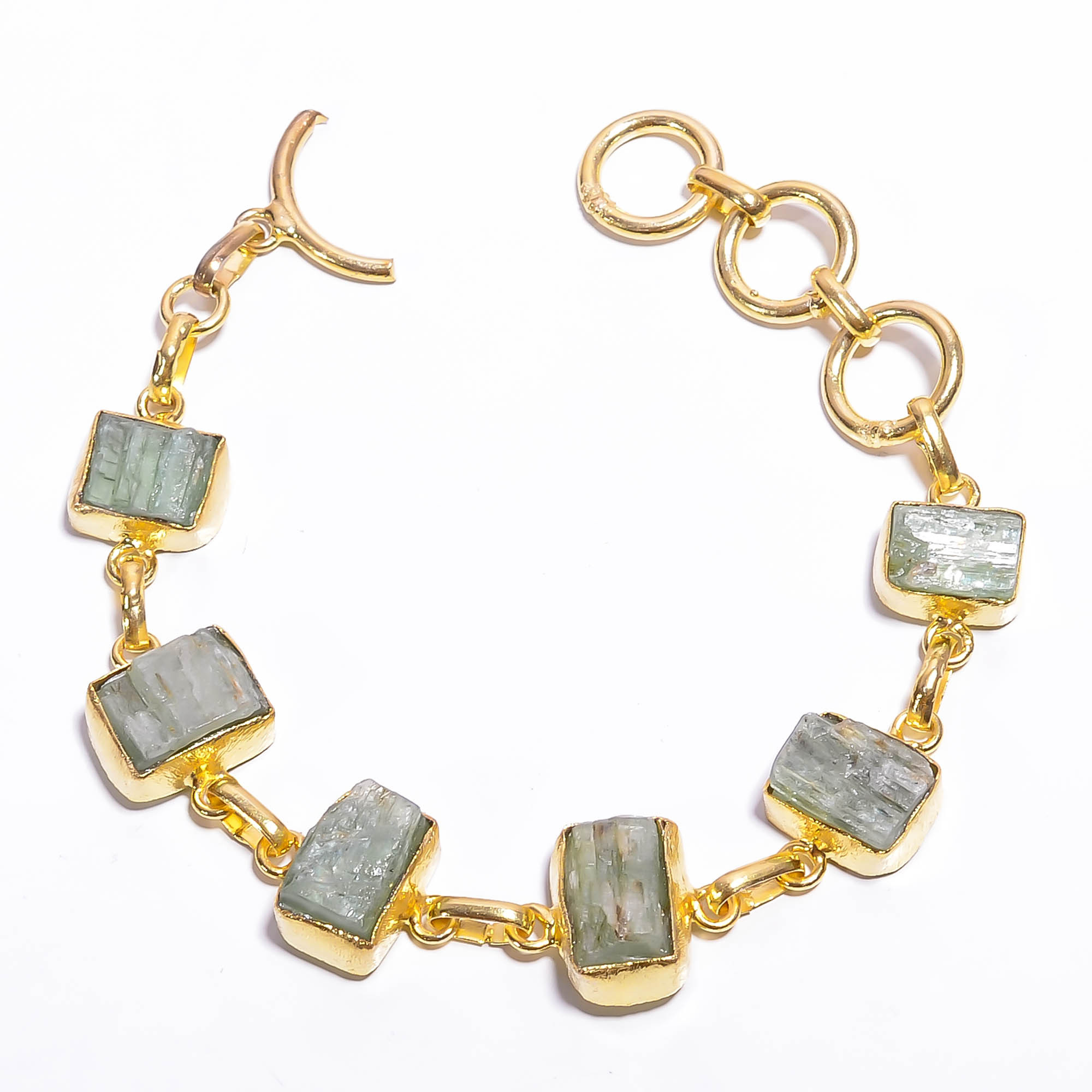 Natural Raw Green Kyanite Gemstone 18K Gold Plated Brass Bracelet Handmade