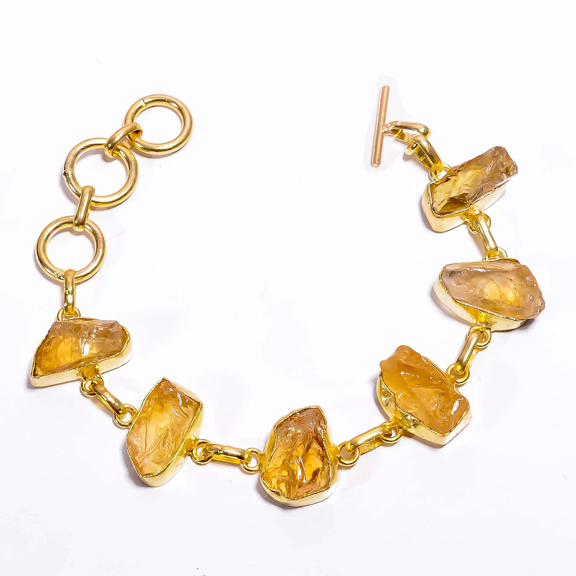 Natural Raw Citrine Gemstone 18K Gold Plated Brass Bracelet Handmade