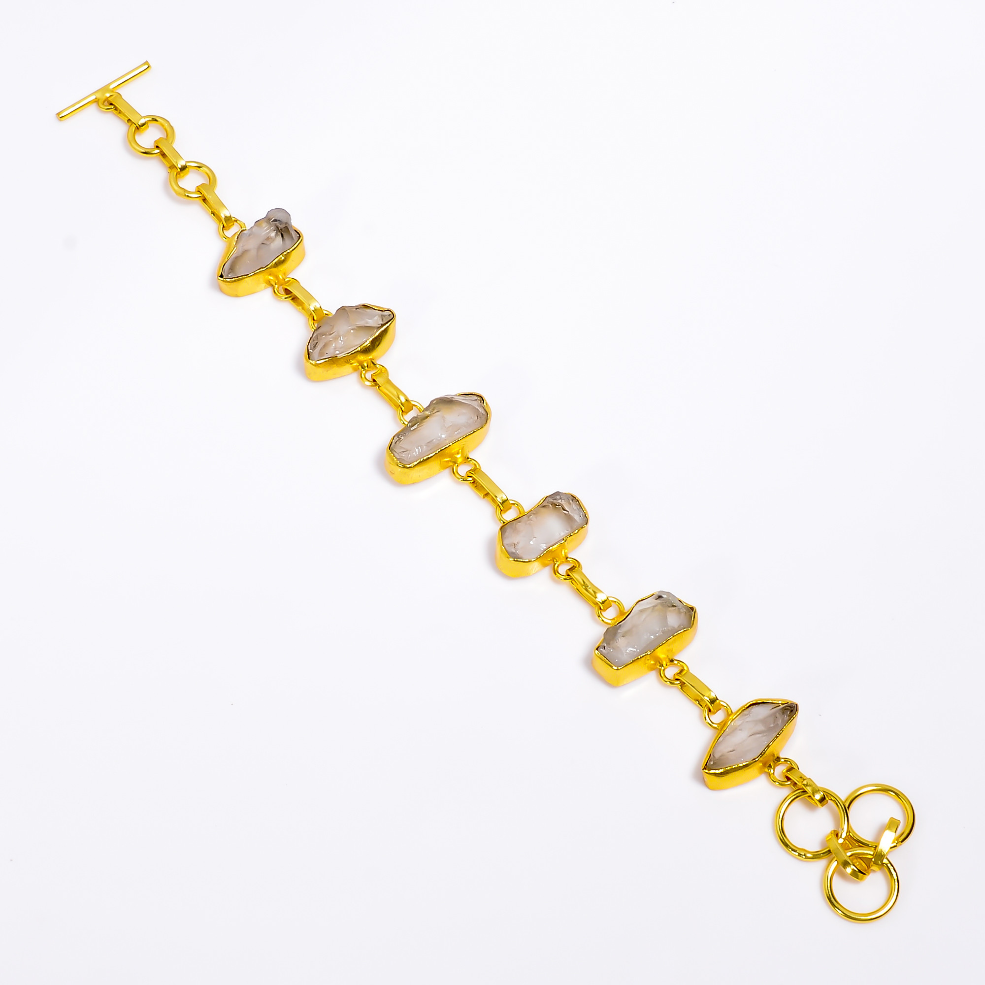 Natural Raw Green Amethyst Gemstone 18K Gold Plated Brass Bracelet Handmade