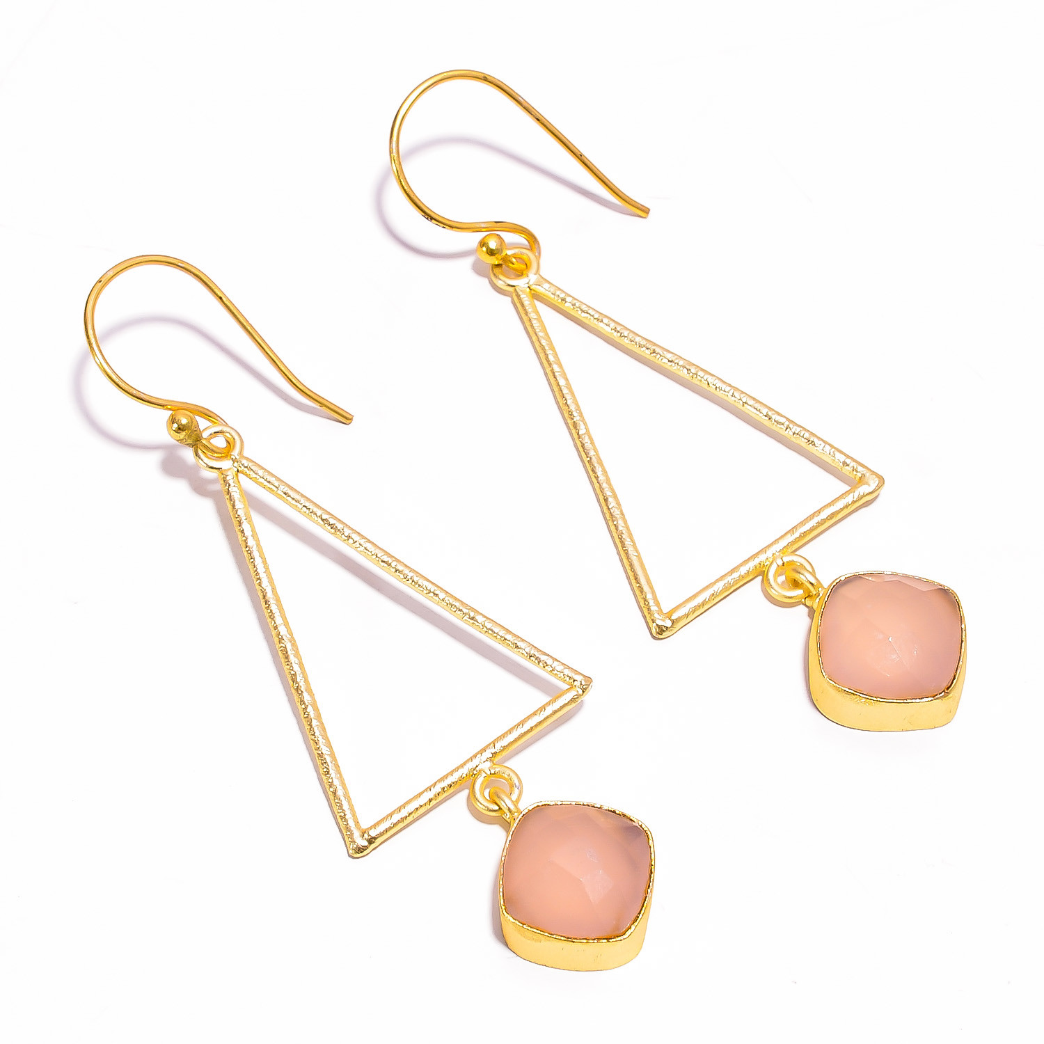18K Gold Plated Brass Earrings Cut Rose Quartz Gemstone Earrings