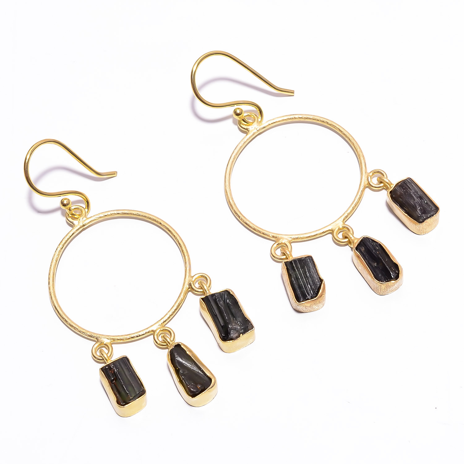 18K Gold Plated Earrings Natural Raw Black Tourmaline Gemstone Earrings