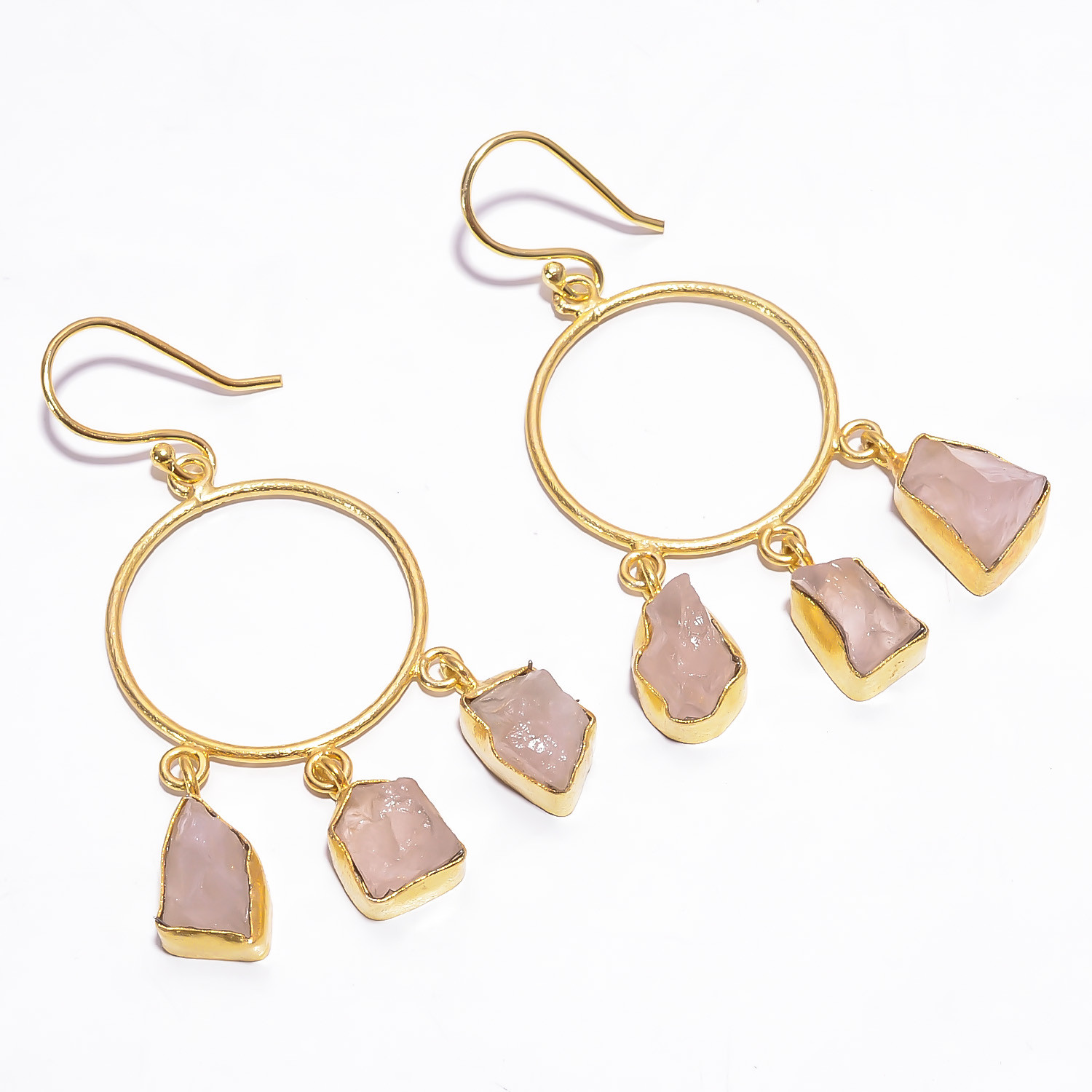 18K Gold Plated Earrings Natural Rose Quartz Raw Gemstone Earrings