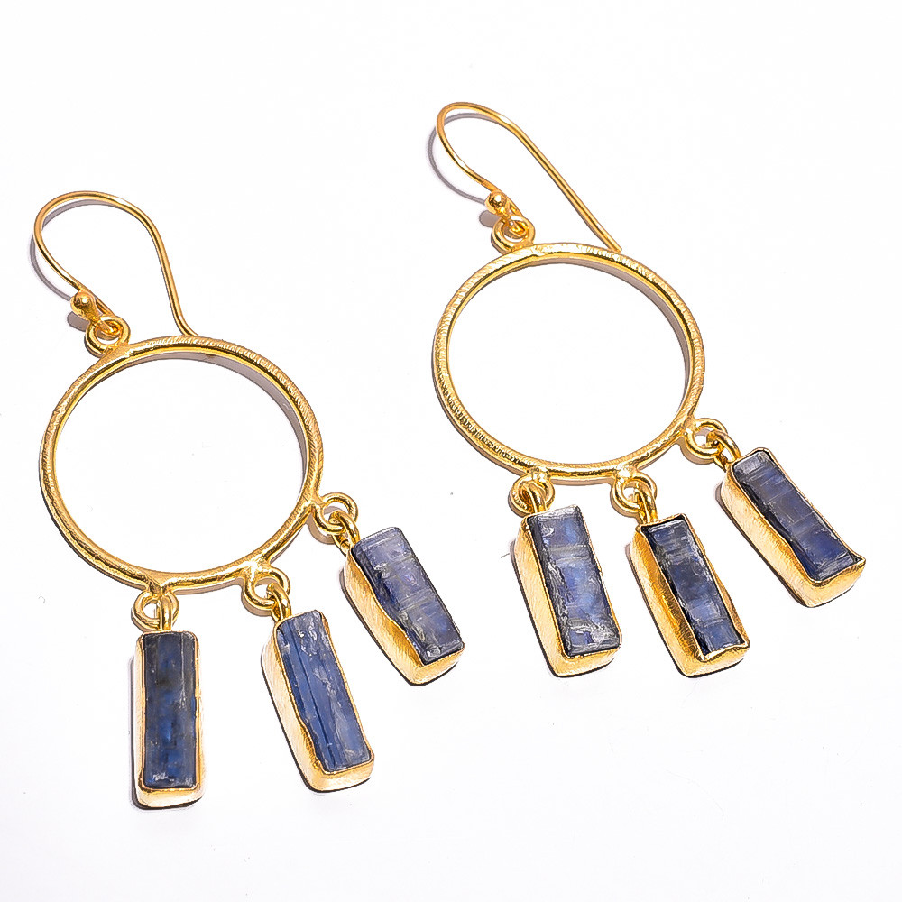 18K Gold Plated Earrings Natural Rough Blue Kyanite Gemstone Earrings