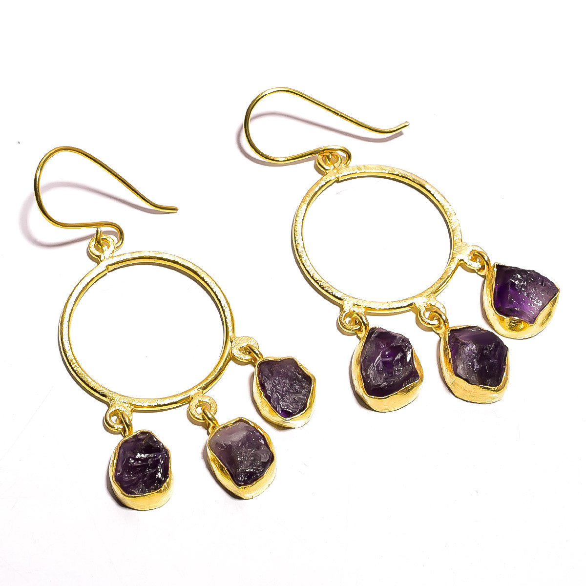18K Gold Plated Earrings Natural Rough Amethyst Gemstone Earrings